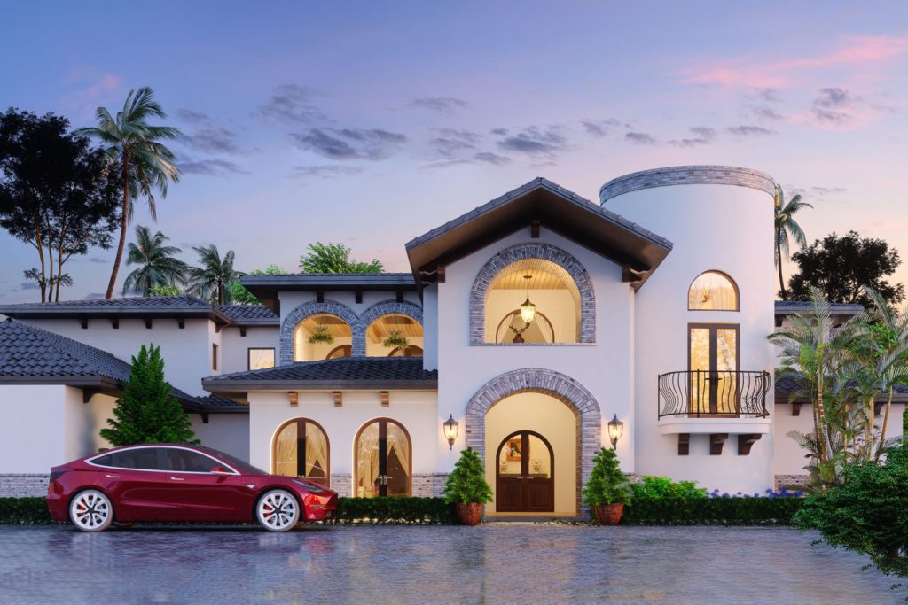 Modern mansion with a red Tesla parked in front