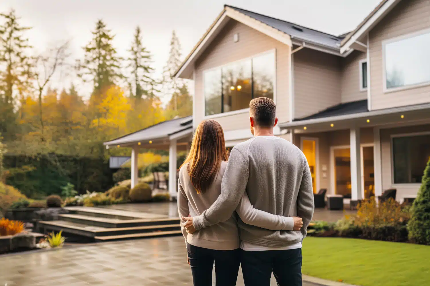 Hugging couple looking at their new home