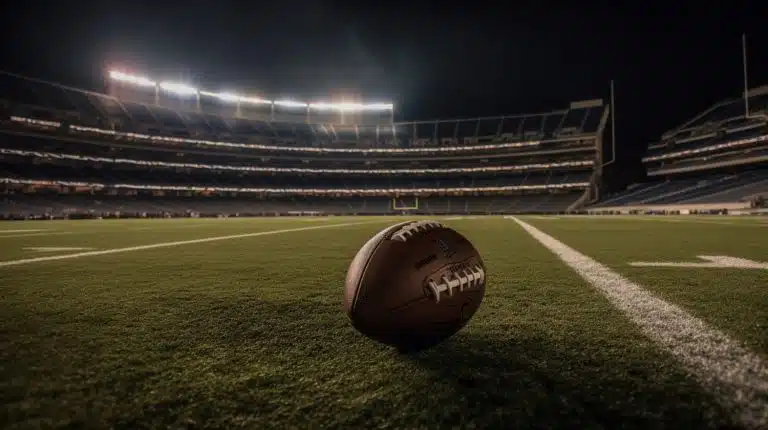 Football stadium at night with a football on the grass