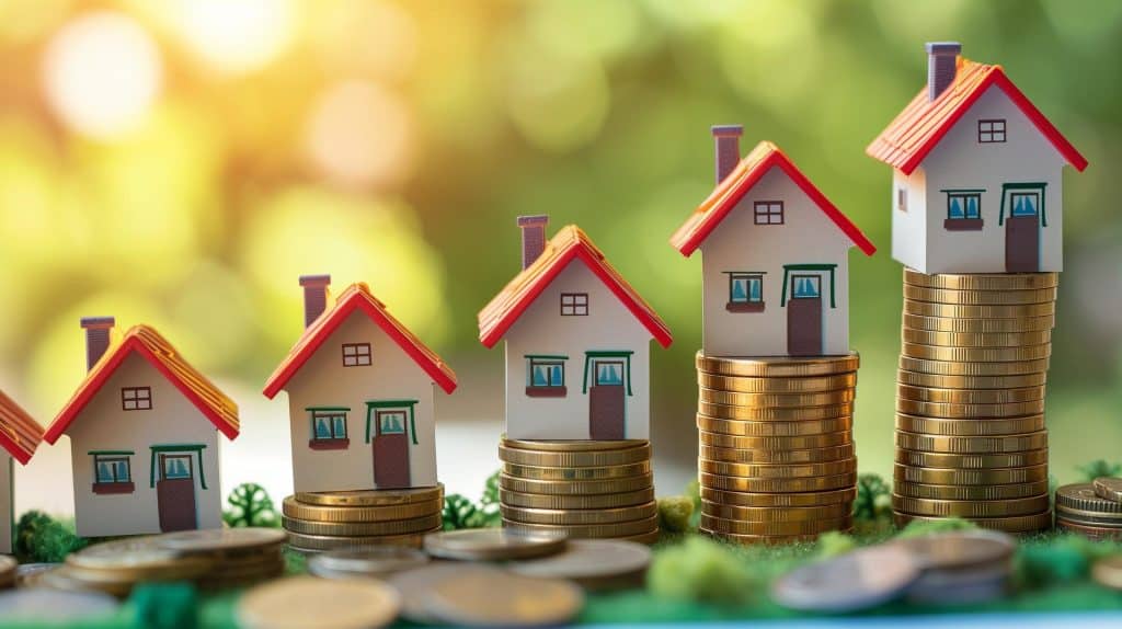 Toy homes stacking up on coins
