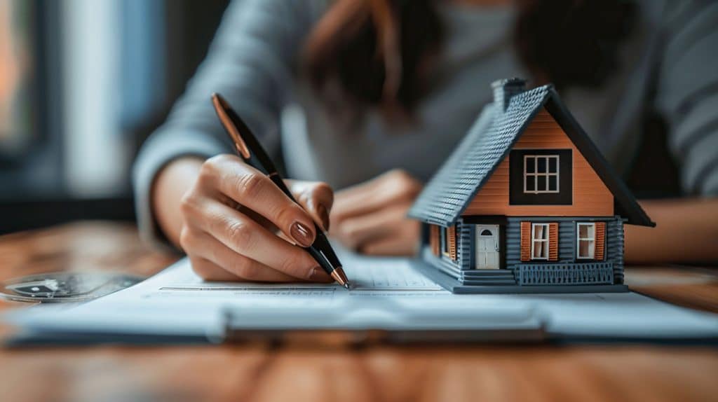 Contract being signed with a model home next to it