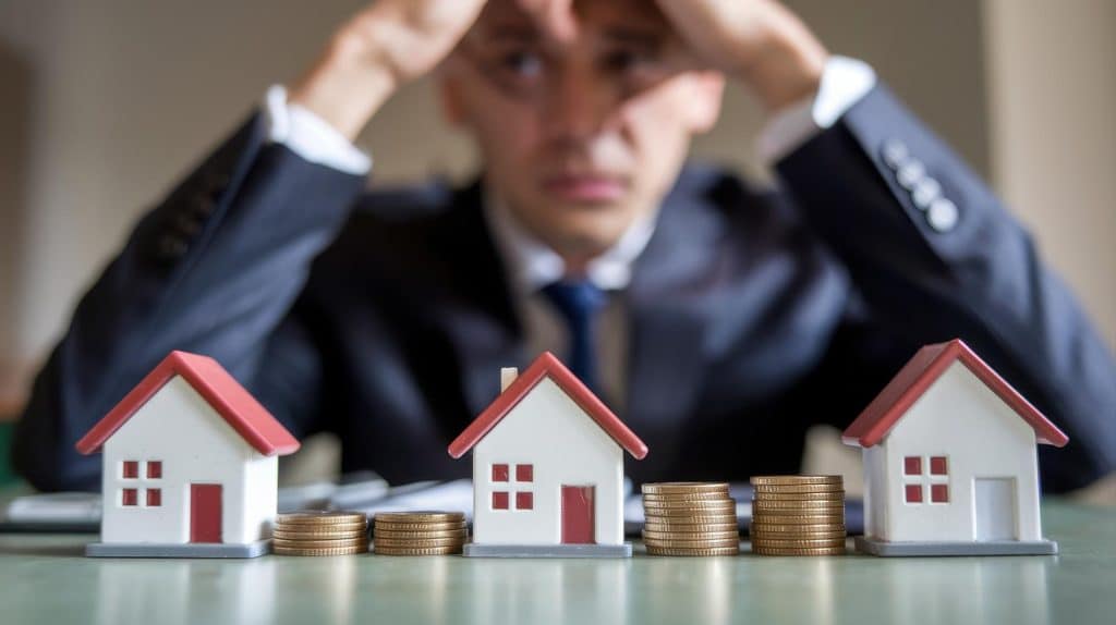Frustrated man in front of model homes and stacked coins