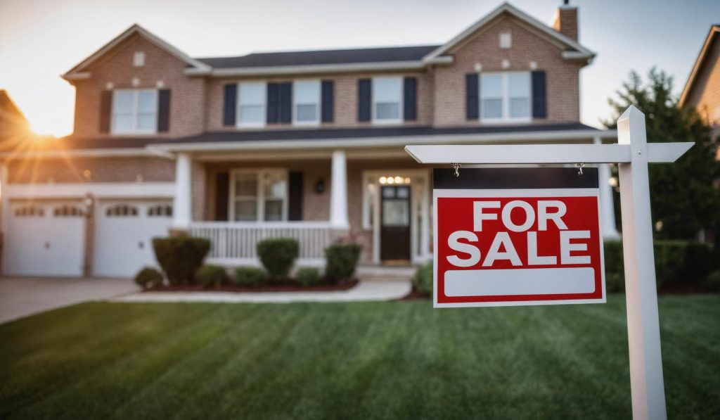 A home with a for sale sign in the front lawn