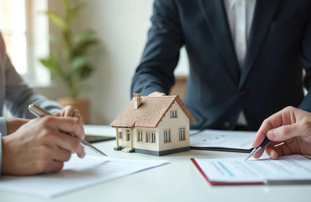A model home on a desk with a man and some contracts